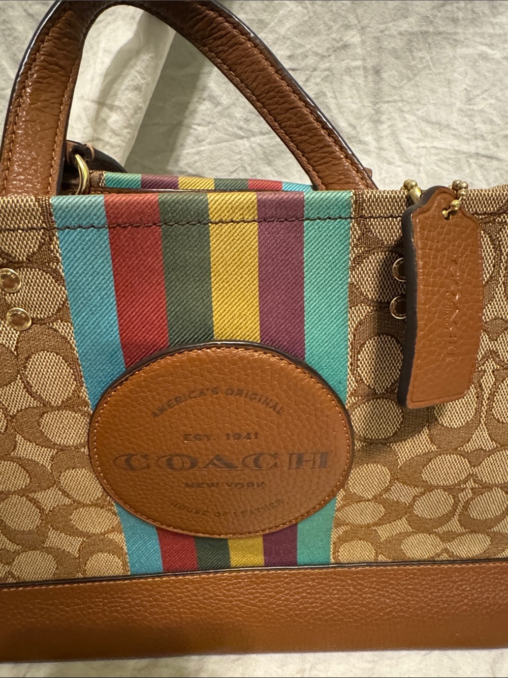Coach Brown Signature Tote with Multicolor Center Stripe - Picture 2 of 9